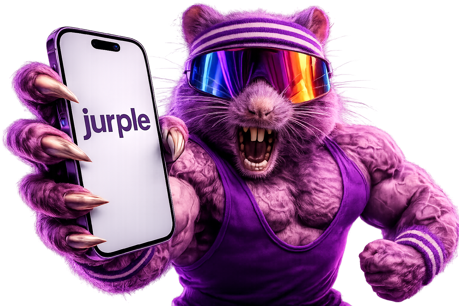 Jurple — the muscle gerbil mascot holding a phone